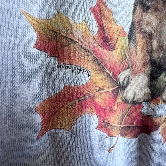 Vintage Women's Large Fall Puppy Sweatshirt Leaves Gray Cut Cropped Sleeve - Picture 4 of 11